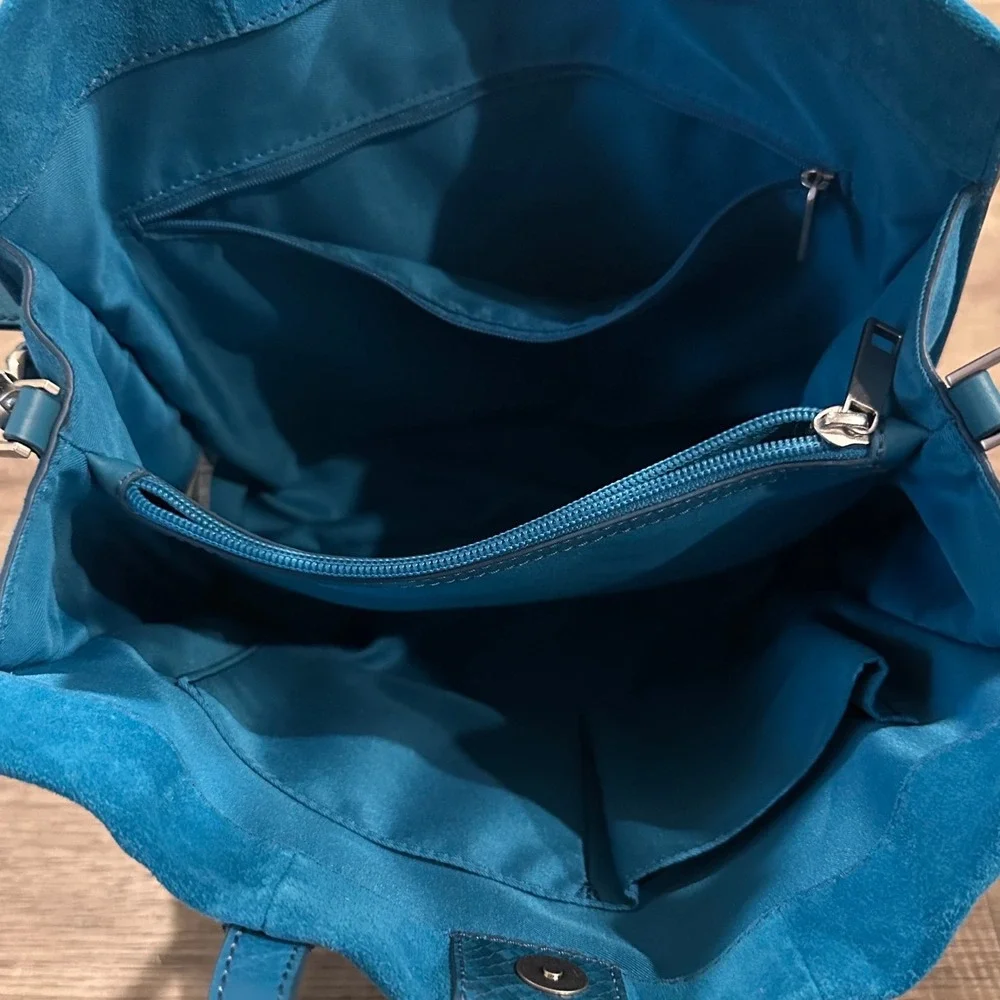 Fossil Hope Satchel Teal Blue Suede Snake Embossed Leather Tassel Handbag Bag
